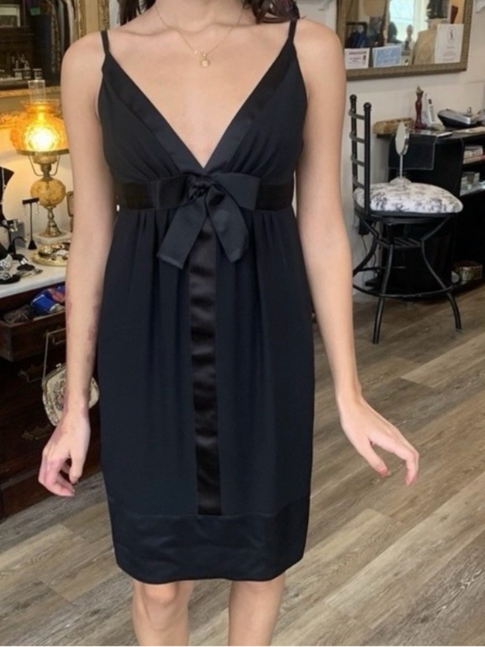 CHANEL BLACK SHEER SILK  SATIN BOW COCKTAIL DRESS 38